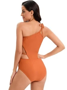 Cut Out One Shoulder One Piece Swimsuit - Brown - View 6