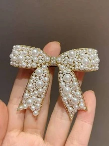 1个奢华仿珍珠蝴蝶结发夹，蝴蝶结仿珍珠发饰，女士刘海夹，优雅日常发夹，女士冬季穿搭，蝴蝶结，可爱，发饰，头部饰品，女士发饰 - 白色 - 查看 4