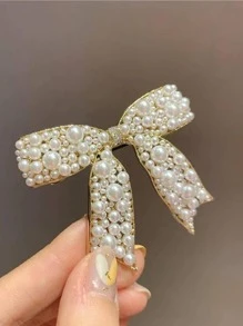 1个奢华仿珍珠蝴蝶结发夹，蝴蝶结仿珍珠发饰，女士刘海夹，优雅日常发夹，女士冬季穿搭，蝴蝶结，可爱，发饰，头部饰品，女士发饰 - 白色 - 查看 7