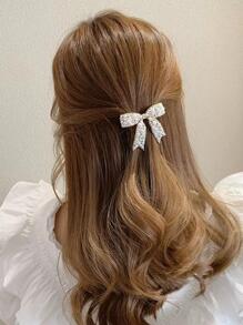 1个奢华仿珍珠蝴蝶结发夹，蝴蝶结仿珍珠发饰，女士刘海夹，优雅日常发夹，女士冬季穿搭，蝴蝶结，可爱，发饰，头部饰品，女士发饰 - 白色 - 查看 3