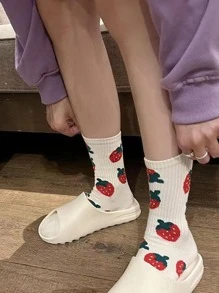 女士草莓圖案時尚中筒襪適用於日常生活 - 米色 - 查看 2