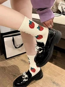 女士草莓圖案時尚中筒襪適用於日常生活 - 米色 - 查看 1