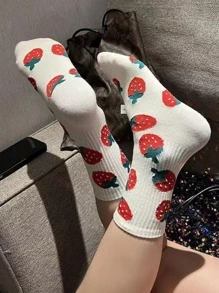 女士草莓圖案時尚中筒襪適用於日常生活 - 米色 - 查看 5