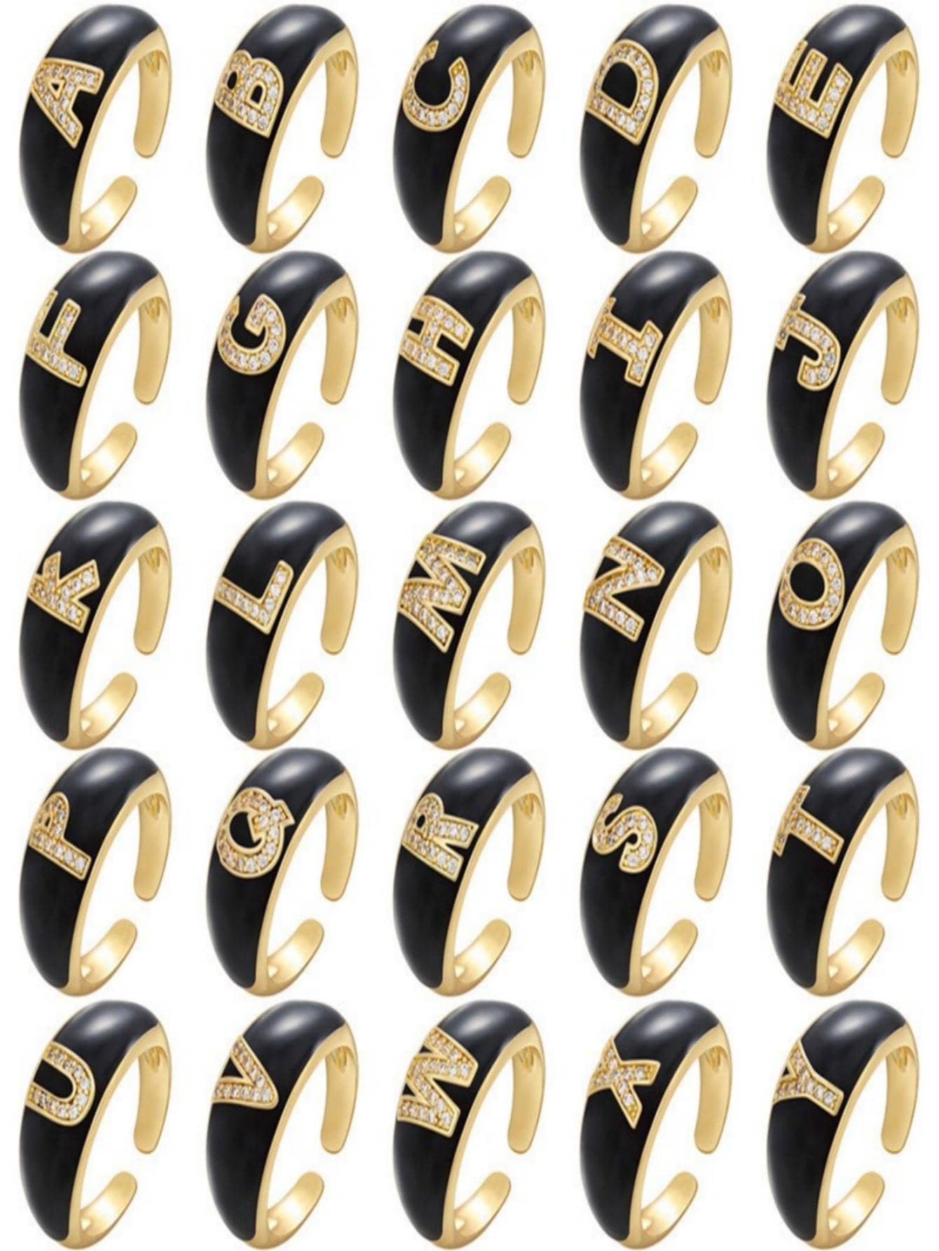 1入組時尚方晶鋯石字母圖案戒指適合女士適用於日常通勤 - 黑色 - 查看 1