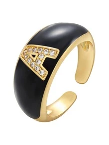 1入組時尚方晶鋯石字母圖案戒指適合女士適用於日常通勤 - 黑色 - 查看 2