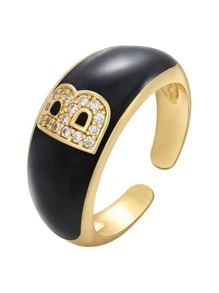 1入組時尚方晶鋯石字母圖案戒指適合女士適用於日常通勤 - 黑色 - 查看 3