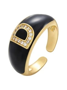 1入組時尚方晶鋯石字母圖案戒指適合女士適用於日常通勤 - 黑色 - 查看 5