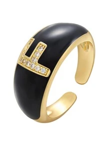 1入組時尚方晶鋯石字母圖案戒指適合女士適用於日常通勤 - 黑色 - 查看 7