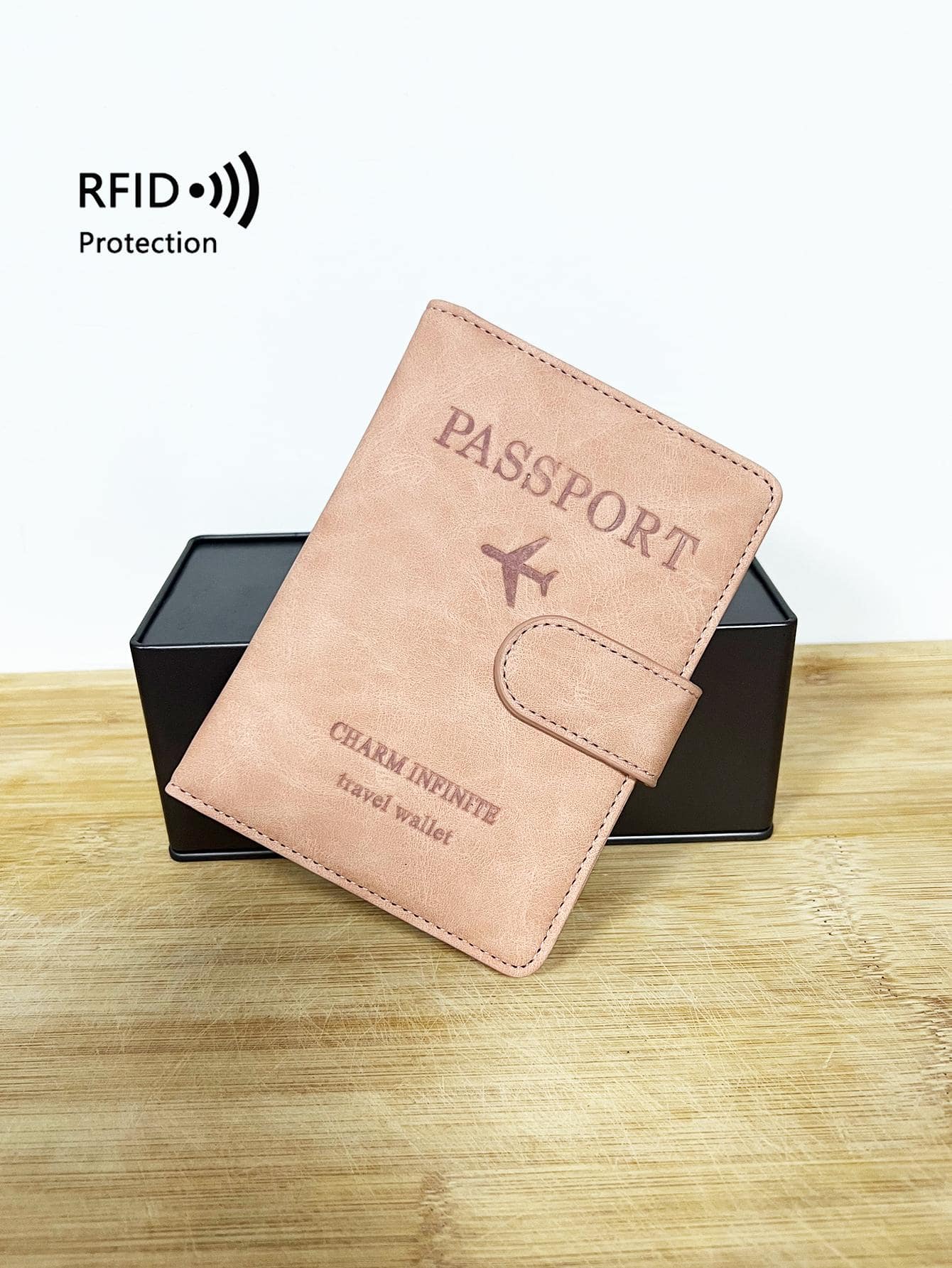 CHARM INFINITE Plane & Letter Graphic Passport Case RFID Blocking - Pink - View 1