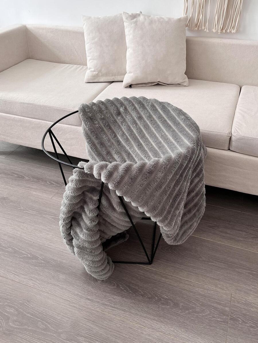 1入組素色條紋圖案厚沙發毯子適用於下午小憩 - 灰色 - 查看 1
