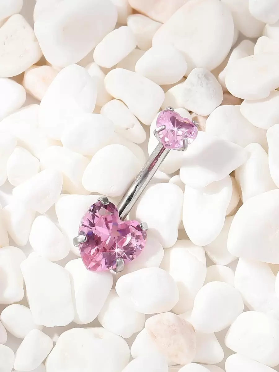 1 件奢华不锈钢粉红心形方晶锆石肚脐环，适合女性万圣节、圣诞节、情人节、感恩节、生日、海滩派对、日常佩戴情人节 - 粉色 - 查看 1