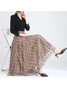 Faldas Largas Moda para Mujer de Tul Cintura Elástica, Falda Plisada Reversible Patrón de Mariposa para Dama, falda plisada, falda midi, faldas largas elegantes, falda tableada, falda corte a, falda plisada larga, maxi faldas, falda tul, faldas floreadas, falda reversible