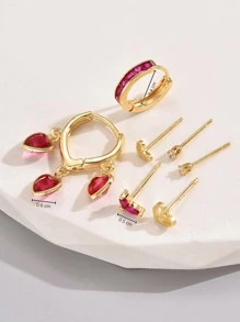 7入組/套時尚方晶鋯石和愛心裝飾耳環適合女士日常裝飾 - 金黃色 - 查看 4