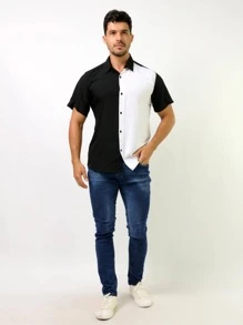 Camisa Social Lisa Masculina Manga Curta preta e branca