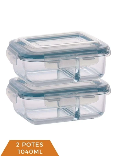 2 Pote de Vidro 1040ml Retangular Divisória Marmita Fitness