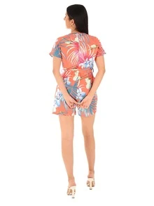 Women's Unitard Jumpsuit With Cross Neck And Tropical Print - Orange - View 2