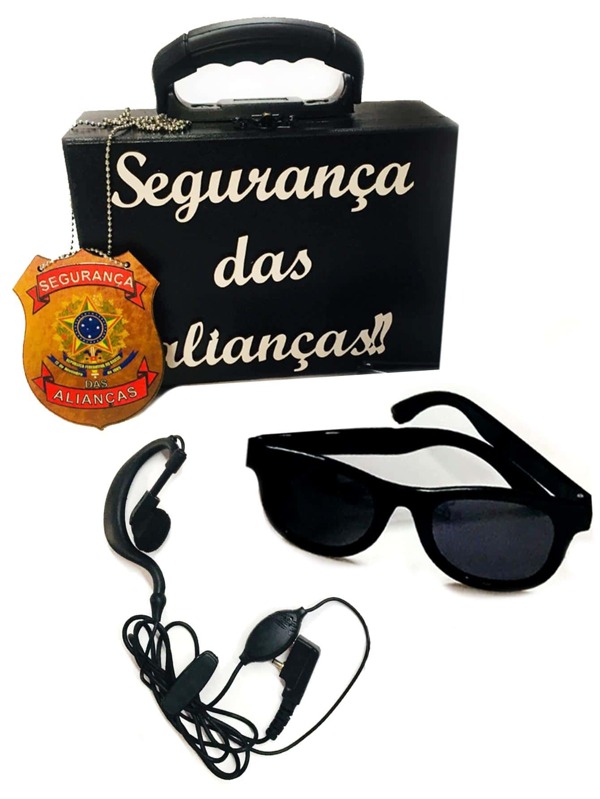 Lembrancinha Casamento Kit Maleta Segurança das Alianças Distintivo+Óculos+Fone