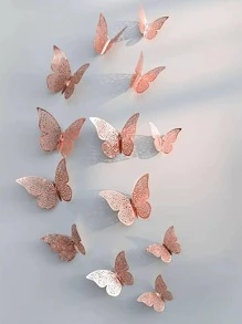 12片镂空3D蝴蝶墙贴，适用于教室、房间、客厅墙面装饰 - 淺粉色 - 查看 1