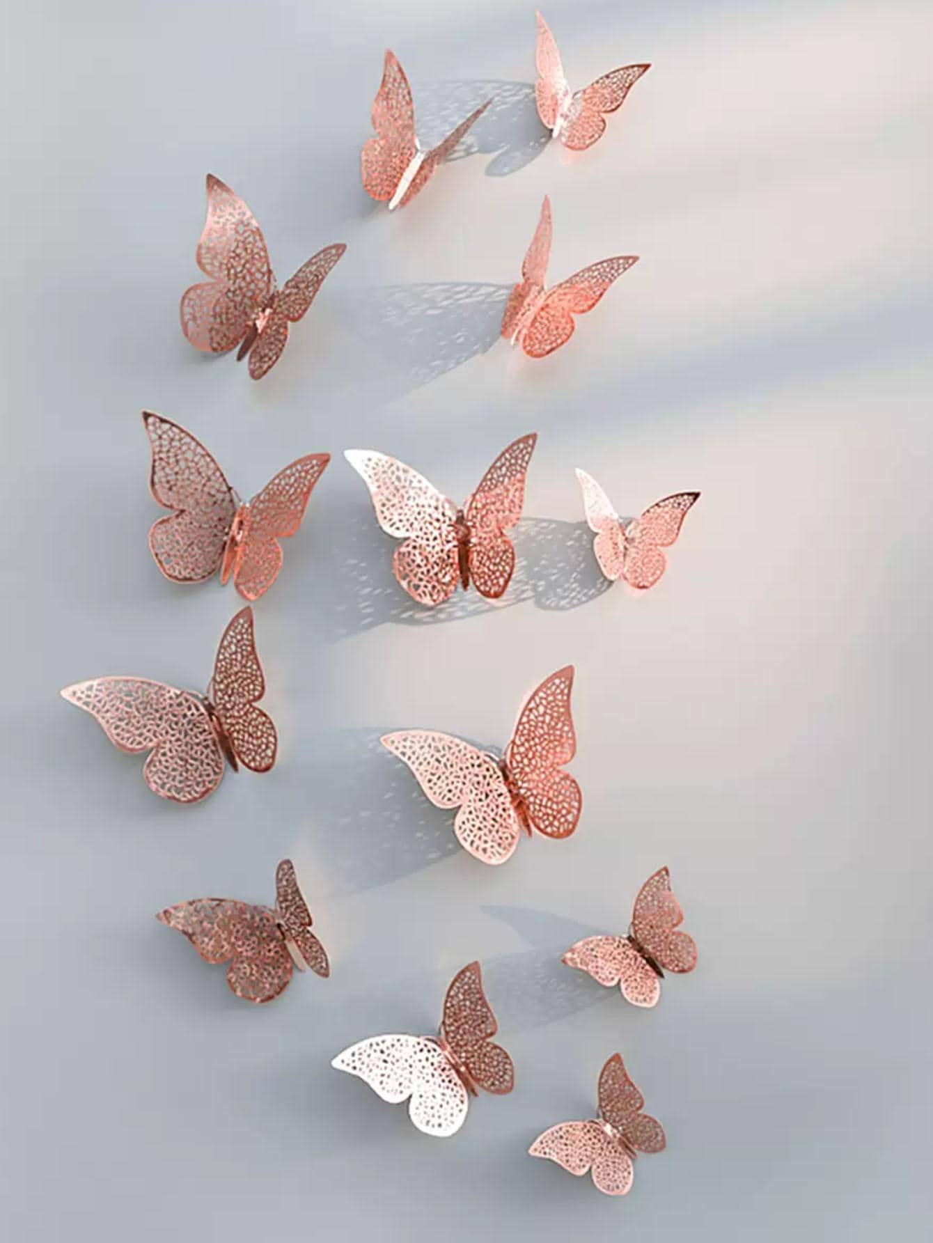 12片镂空3D蝴蝶墙贴，适用于教室、房间、客厅墙面装饰 - 淺粉色 - 查看 1