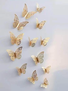 12片镂空3D蝴蝶墙贴，适用于教室、房间、客厅墙面装饰 - 芥末黃 - 查看 3