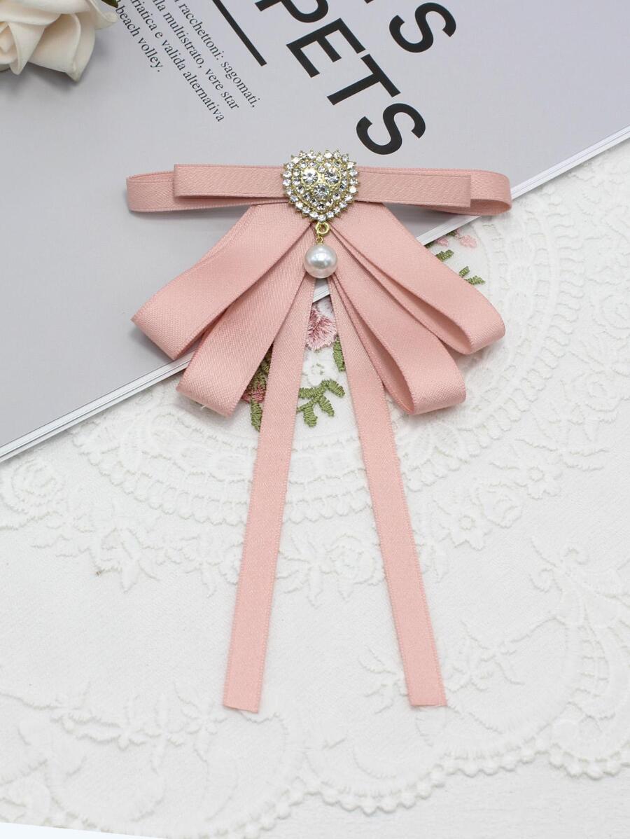 1pc Women Faux Pearl & Rhinestone Decor Bow Tie For Dress Decoration - Pink - View 1