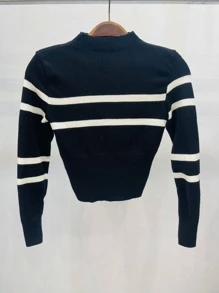 Trico femenina listrado modal - Preto - Visão 2