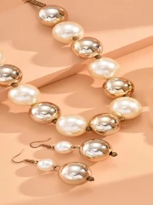 Vòng cổ trang trí ngọc trai giả & Bông tai thả - Nhiều màu - Xem 3