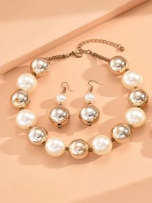 Vòng cổ trang trí ngọc trai giả & Bông tai thả - Nhiều màu - Xem 4