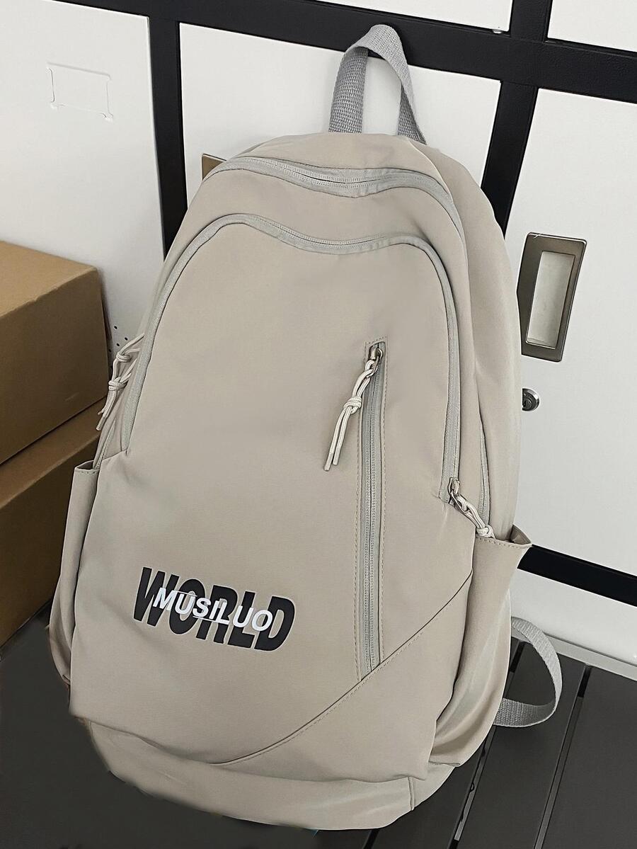 Preppy Classic Backpack Letter Graphic Zipper Adjustable Strap - Grey - View 1