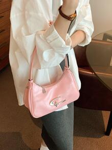 Túi Hobo tối giản Trang trí bằng kim loại Dây kéo màu hồng - Hồng - Xem 4