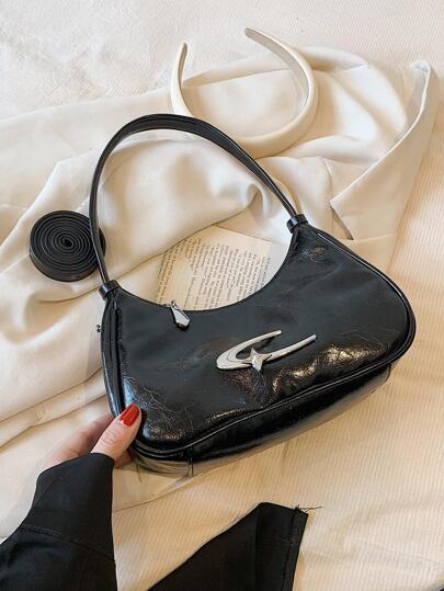 Metal Decor Hobo Bag PU Black Fashionable Portable,Multifunction,Large Capacity Business Casual High School,Business,Work,Travel,Vacation For Lady,For Women,For Female,White-Collar Workers Fashion,Fashionable,Minimalist Leather Tote Bag