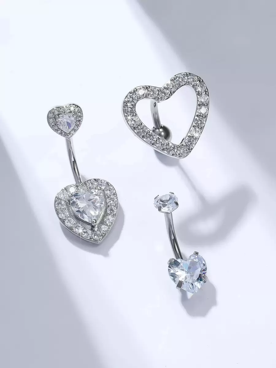 3pcs/Set Fashionable Rhinestone Heart Navel Belly Button Rings, Suitable For Women's Daily Wear - Silver - View 1