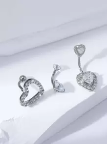 3pcs/Set Fashionable Rhinestone Heart Navel Belly Button Rings, Suitable For Women's Daily Wear - Silver - View 2