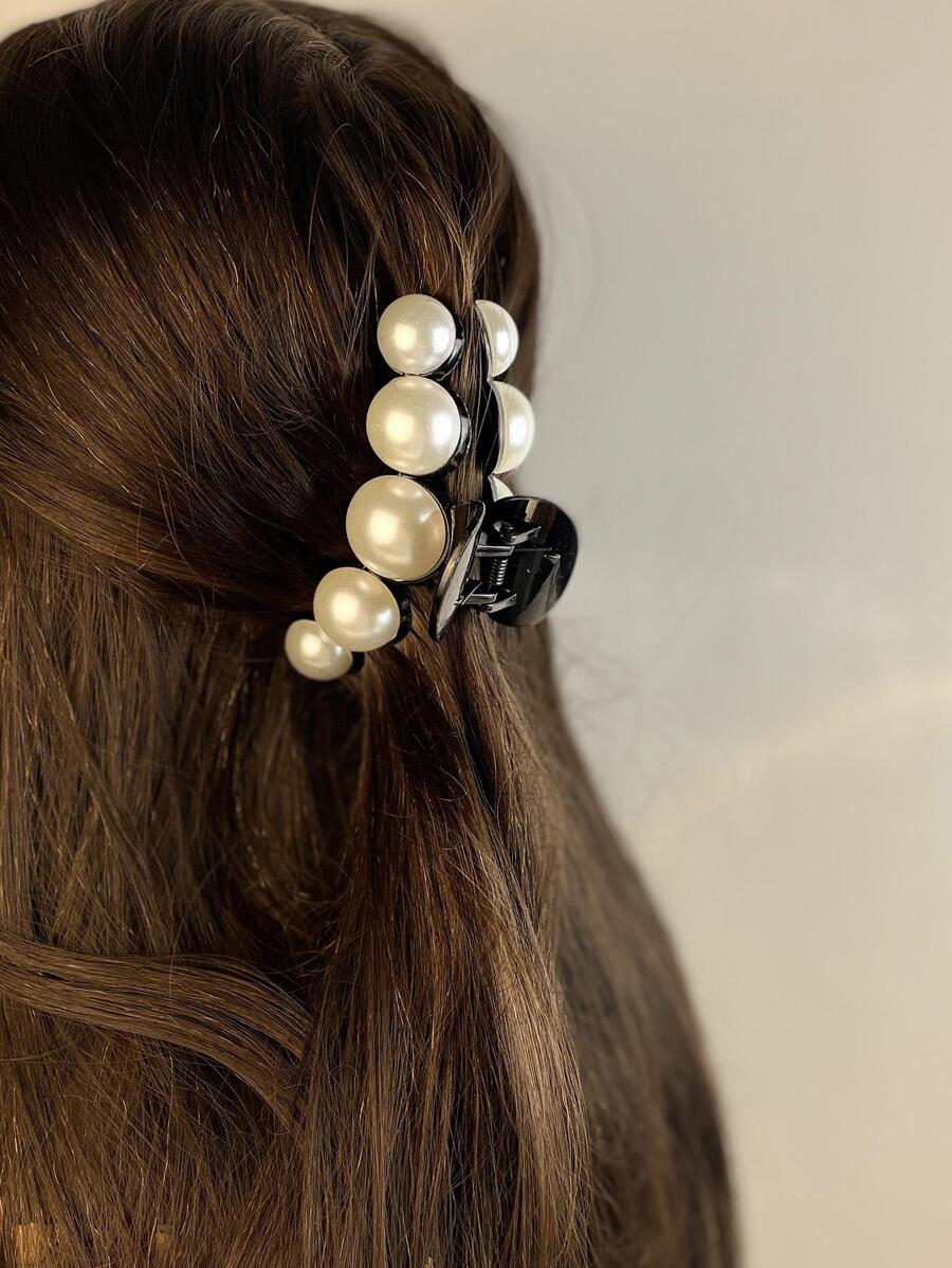 Faux Pearl Decor Hair Claw - Black - View 1