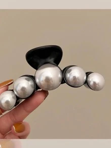 Faux Pearl Decor Hair Claw - Black - View 2