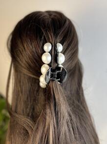 Faux Pearl Decor Hair Claw - Black - View 5