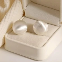 1對女士歐美風格金屬磨砂拉絲球形耳釘復古鍍金高端百搭銀針耳環 - 銀色 - 查看 6