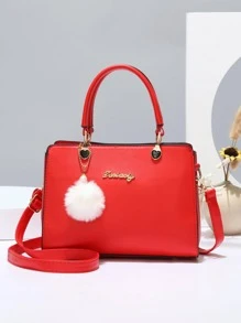 新款手提包带配饰吊坠，优雅时尚拼布手提包，多功能大容量单肩包，时尚设计，新款别致女士小方包手提包单肩包百搭休闲多层大容量挎包适合旅行和购物，新款时尚女士手提包单肩手提包斜挎包拼色休闲奢华大容量挎包可作为单肩包或斜挎包佩戴 - 紅色 - 查看 3