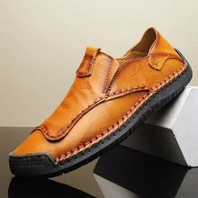 Men Slip-on Handmade Loafers, Vintage Orange Flat Shoes - Orange - View 1