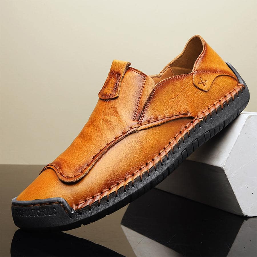 Men Slip-on Handmade Loafers, Vintage Orange Flat Shoes - Orange - View 1