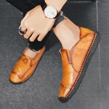 Men Slip-on Handmade Loafers, Vintage Orange Flat Shoes - Orange - View 7