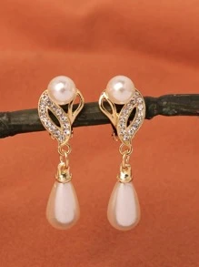 European And American Fashion Full Drill Water Drop Shape Pearl Clip-On Earrings And Earring Set For Women's Party, Bridal Earrings In Gold And Silver, Sold As Pair - Gold - View 8