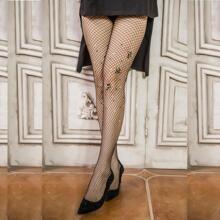 Rhinestone Bee Decor Fishnet Tights - Black - View 4