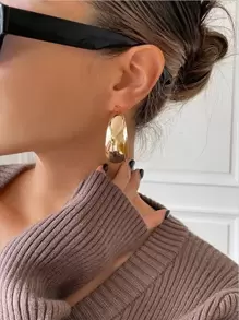 1pair Exaggerated Round Hoop Earrings For Women, European & American Style, Metallic Ear Studs Jewelry - Yellow Gold - View 2