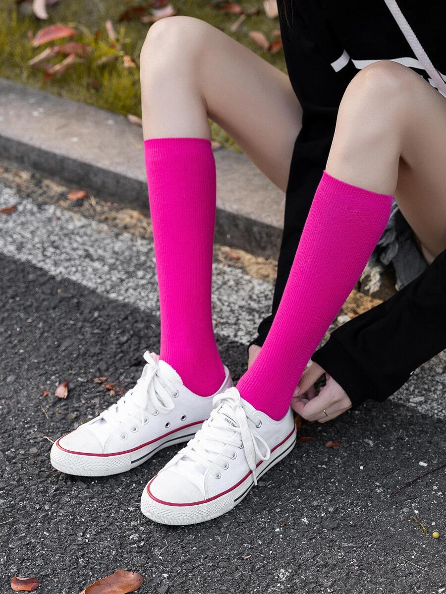 素色高筒襪 - 玫紅色 - 查看 1
