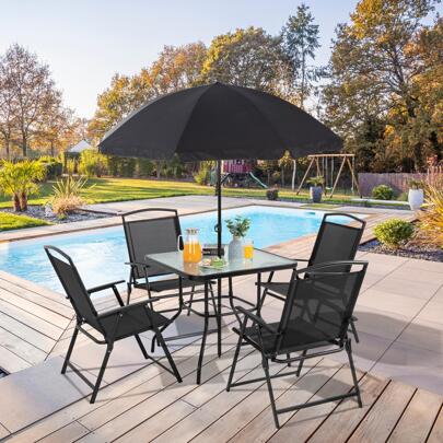  Vongrasig 6 Pieces Folding Patio Dining Set, All Weather Small Metal Outdoor Table And Chair Set, Garden Patio Furniture Set W/Umbrella, Glass Table & 4 Folding Chairs For Lawn, Deck, Backyard, Black