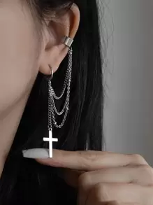 Cross Decor Chain Linked Earrings - Silver - View 1