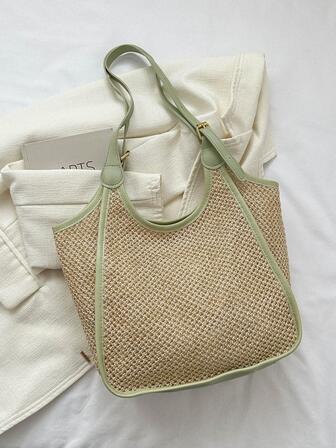 Bolso de paja con encuadernación en contraste Bolso de mano de gran capacidad a la moda color combinado 2023 Verano Nuevo Bolso de ocio para vacaciones Mochila escolar para graduados, adolescentes, estudiantes de primer año, estudiantes de segundo año, junior y senior en la universidad, la universidad y la escuela secundaria, perfecto para al aire libre, viajes y regreso a la escuela