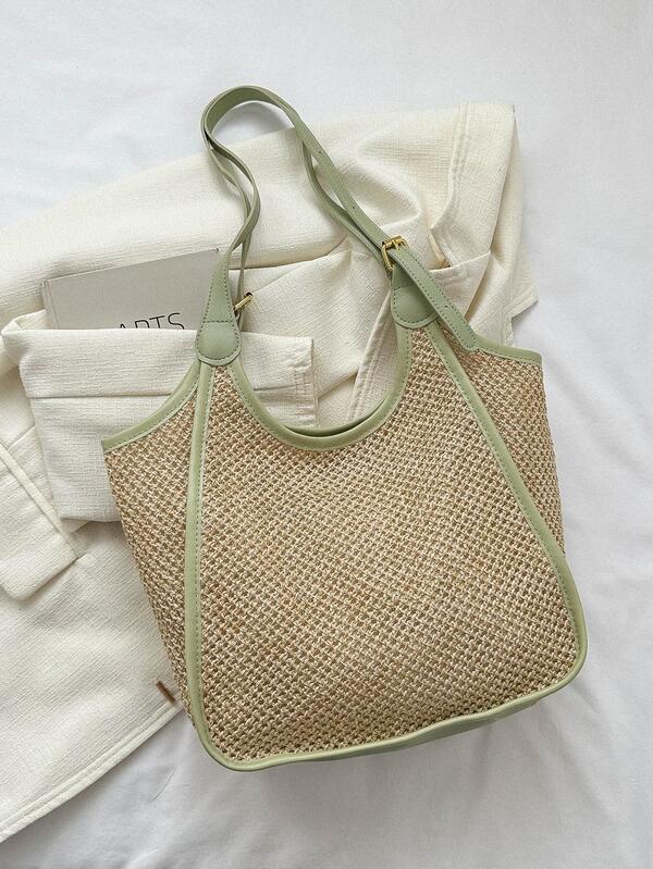 Borsa di paglia con rilegatura a contrasto Borsa a blocchi di colore alla moda di grande capacità 2023 Estate Nuova borsa per tempo libero per borsa da scuola per vacanze per laureati, ragazze adolescenti, matricole, studenti secondo anno, junior e senior al college, università e scuola superiore, perfetta per l'esterno, viaggi e ritorno a scuola