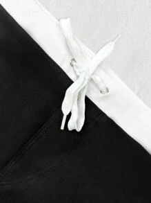 Men Drawstring Waist Split Hem Swim Trunks - Black - View 4